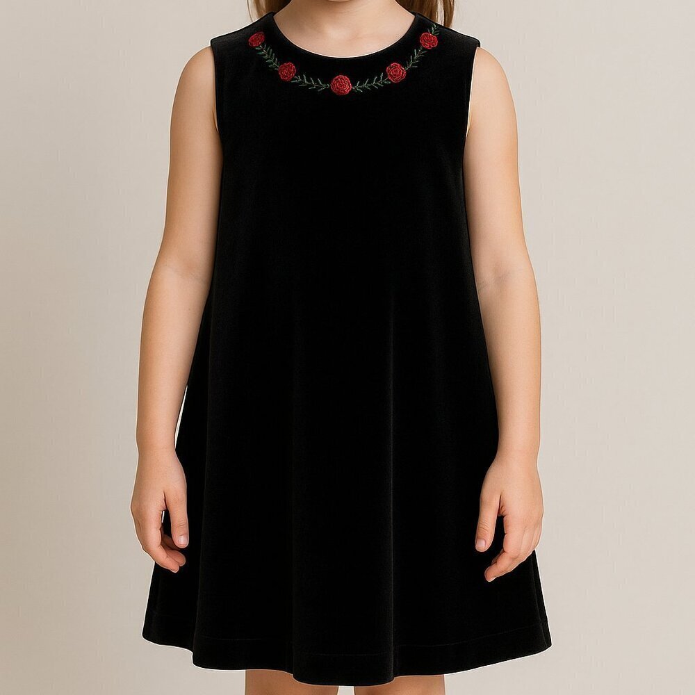 Turi Landhaus Girls Black Velvet Sleeveless Dress w/ Rose Embroidery – Size 6 US